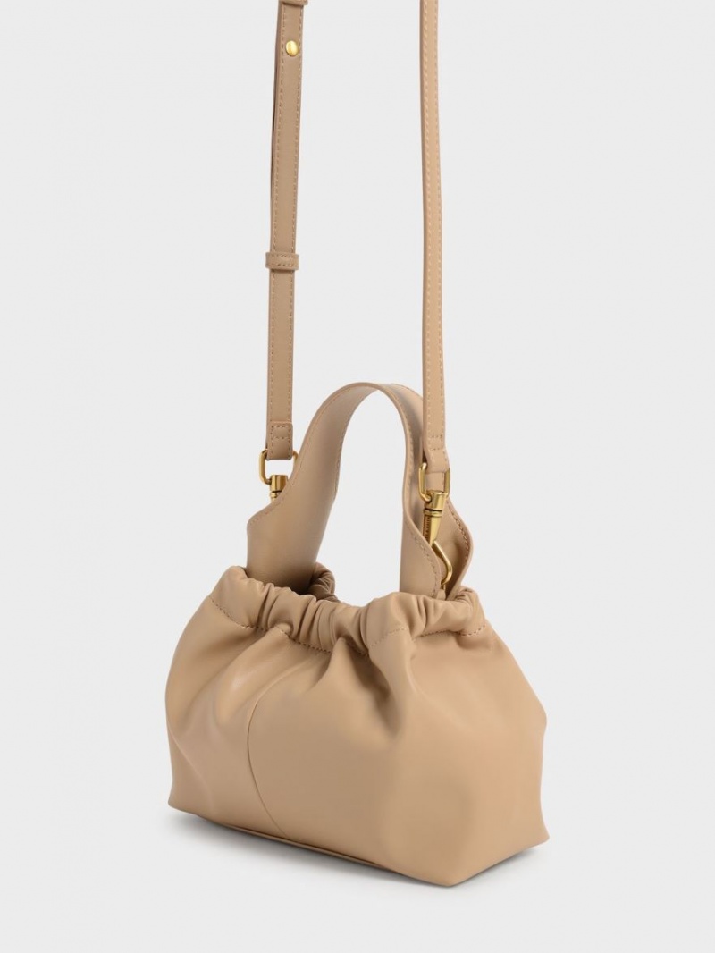 Geanta Tote Charles & Keith Ally Ruched Slouchy Bej | 853PMSNED