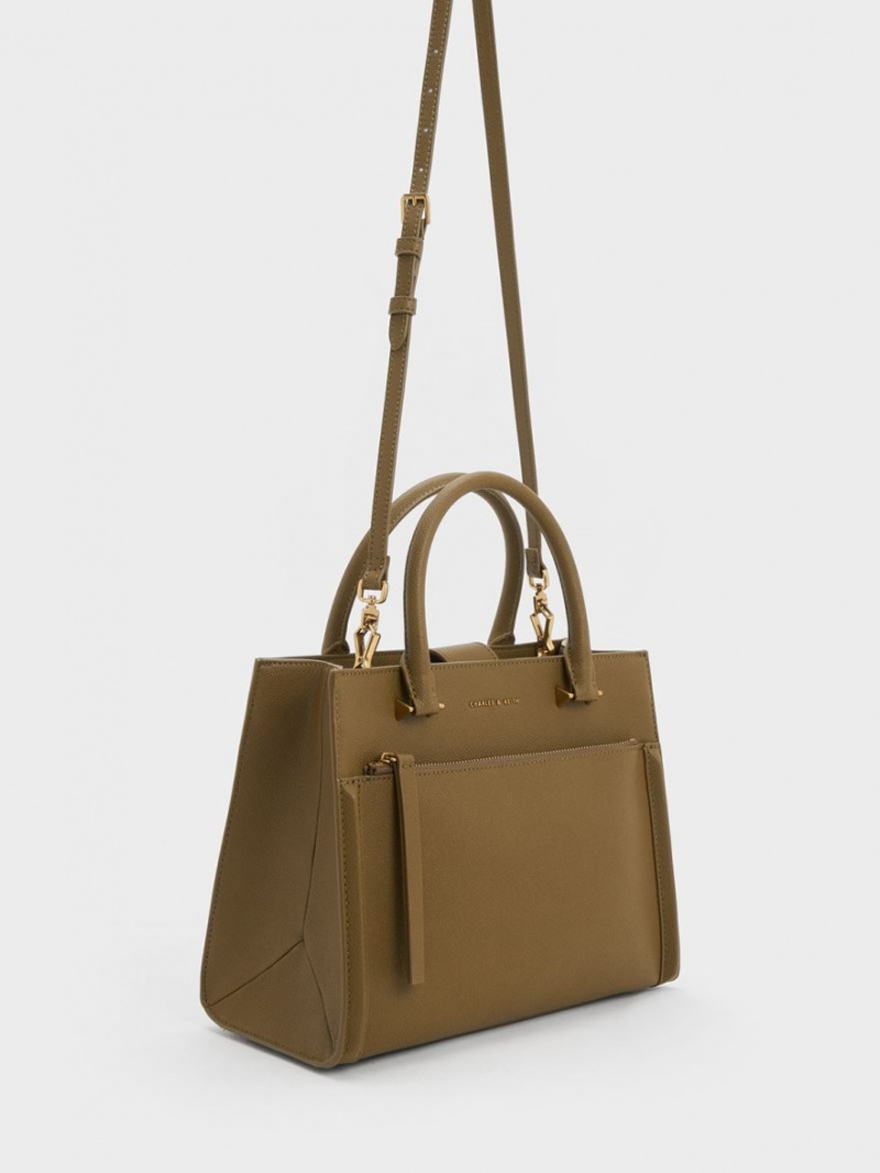 Geanta Tote Charles & Keith Anwen Structured Kaki | 053CLTKBU