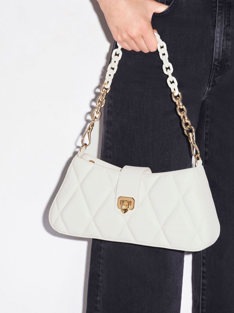 Geanta Tote Charles & Keith Arwen Matlasat Grosolan Chain Albi | 678XHODTS