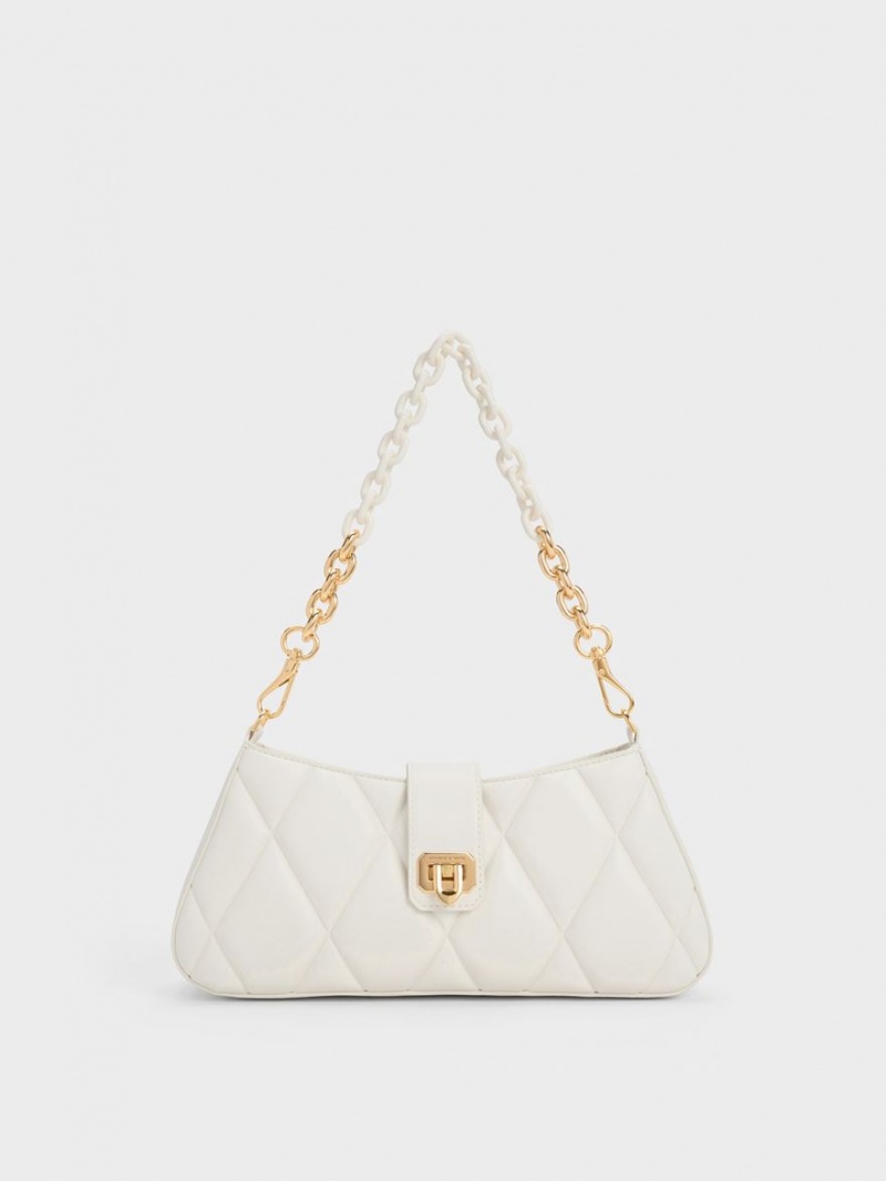 Geanta Tote Charles & Keith Arwen Matlasat Grosolan Chain Albi | 678XHODTS