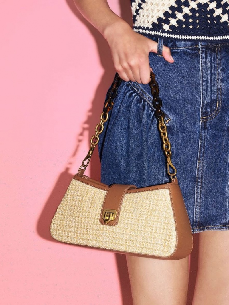Geanta Tote Charles & Keith Arwen Raffia Grosolan Chain Bej | 364KZNBFG