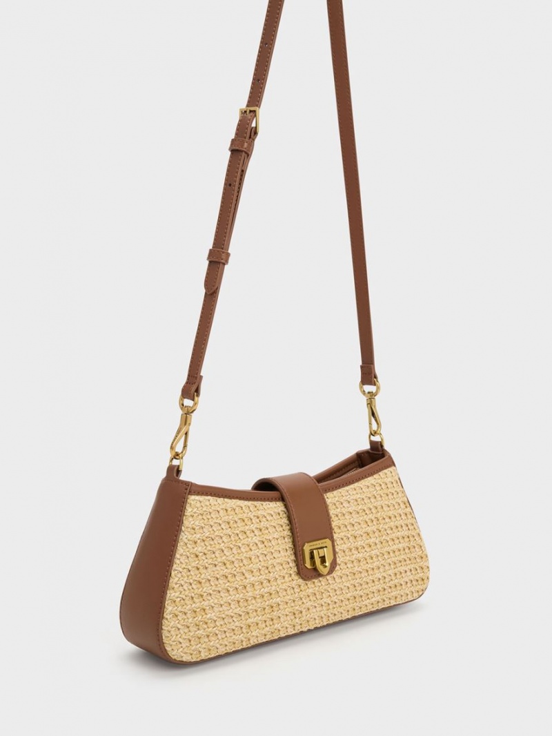 Geanta Tote Charles & Keith Arwen Raffia Grosolan Chain Bej | 364KZNBFG