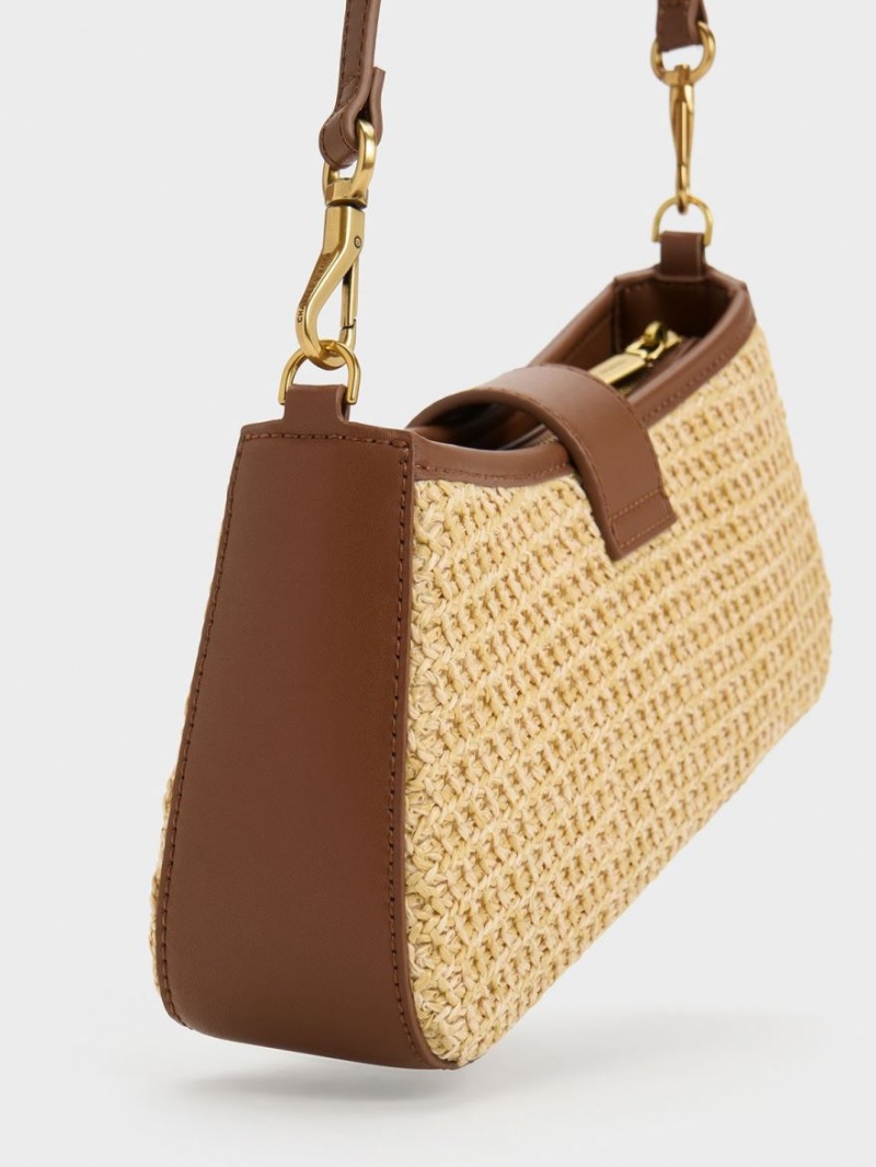 Geanta Tote Charles & Keith Arwen Raffia Grosolan Chain Bej | 364KZNBFG