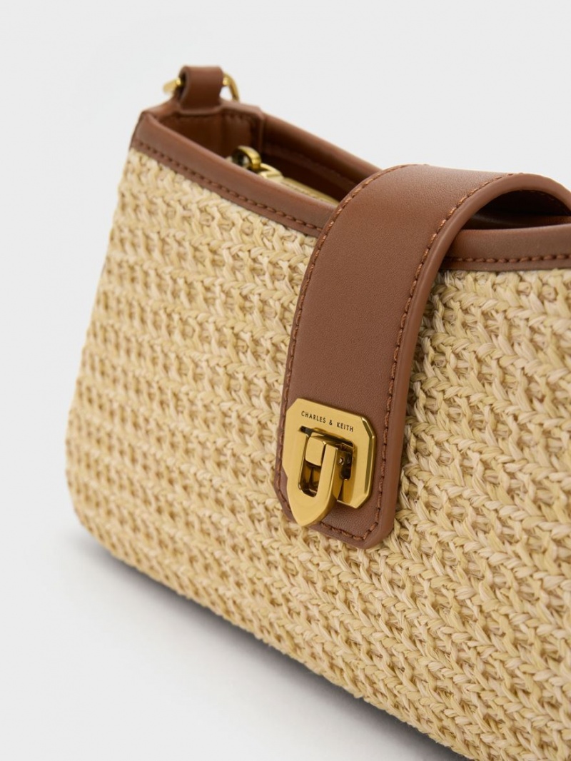 Geanta Tote Charles & Keith Arwen Raffia Grosolan Chain Bej | 364KZNBFG