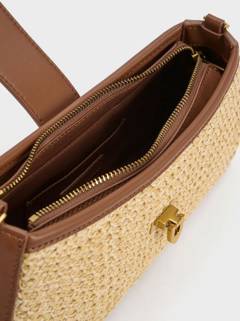 Geanta Tote Charles & Keith Arwen Raffia Grosolan Chain Bej | 364KZNBFG