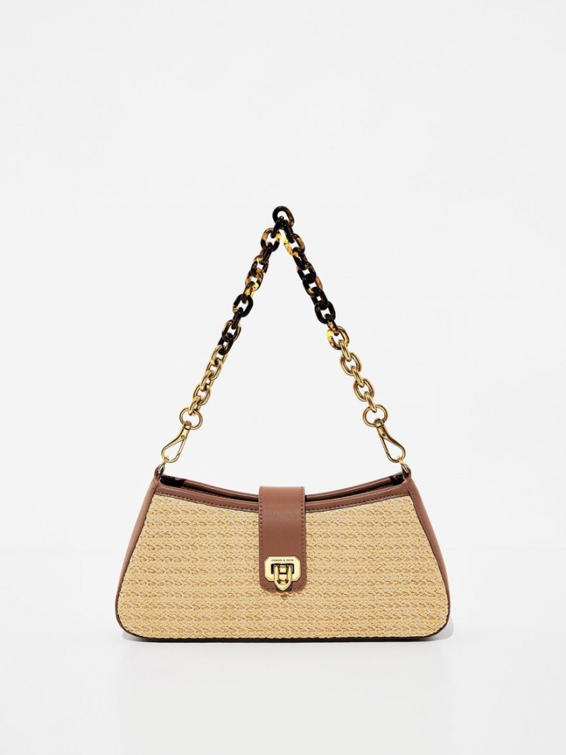 Geanta Tote Charles & Keith Arwen Raffia Grosolan Chain Bej | 364KZNBFG