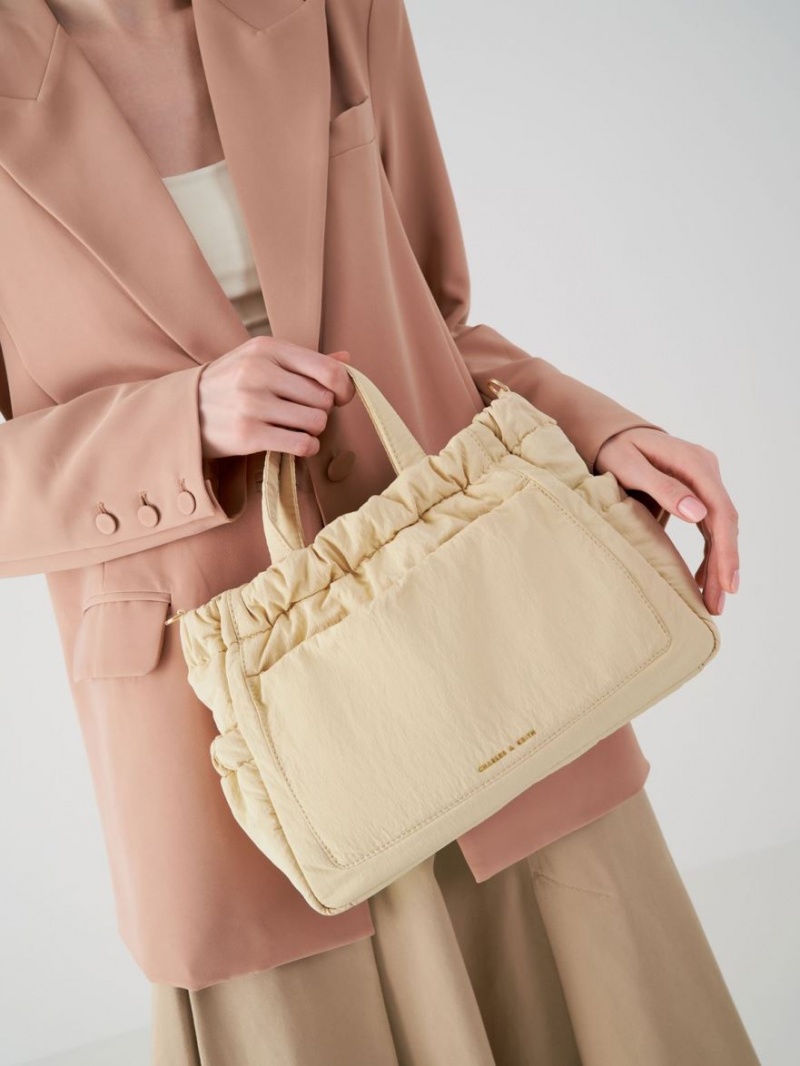 Geanta Tote Charles & Keith Aspen Ruched Double Handle Bej | 789MCILYW