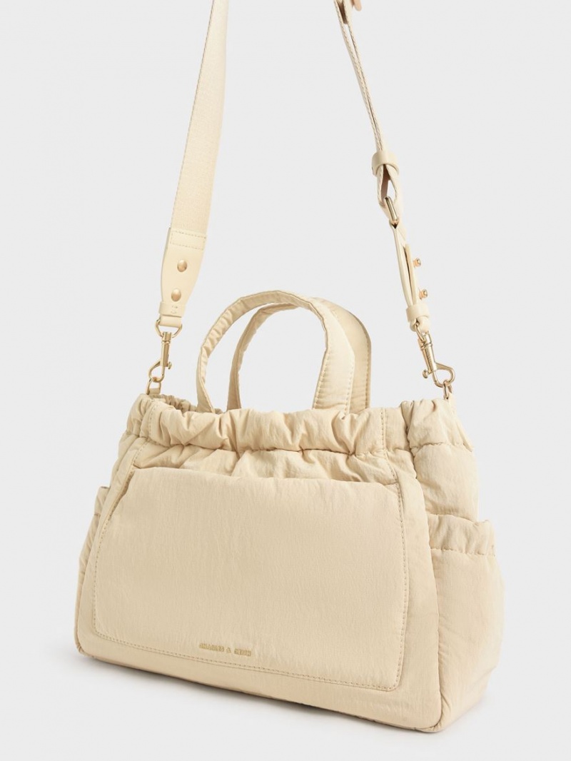 Geanta Tote Charles & Keith Aspen Ruched Double Handle Bej | 789MCILYW