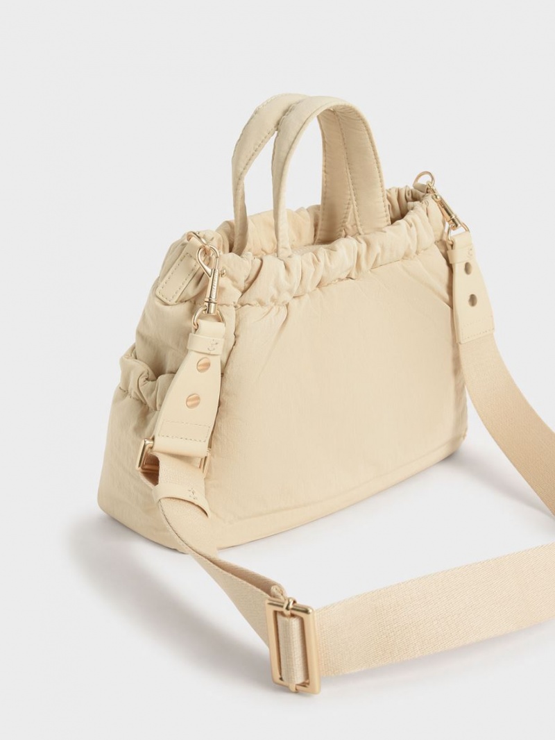 Geanta Tote Charles & Keith Aspen Ruched Double Handle Bej | 789MCILYW