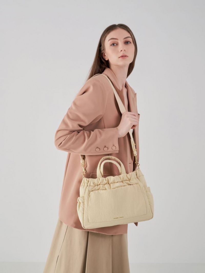 Geanta Tote Charles & Keith Aspen Ruched Double Handle Bej | 789MCILYW