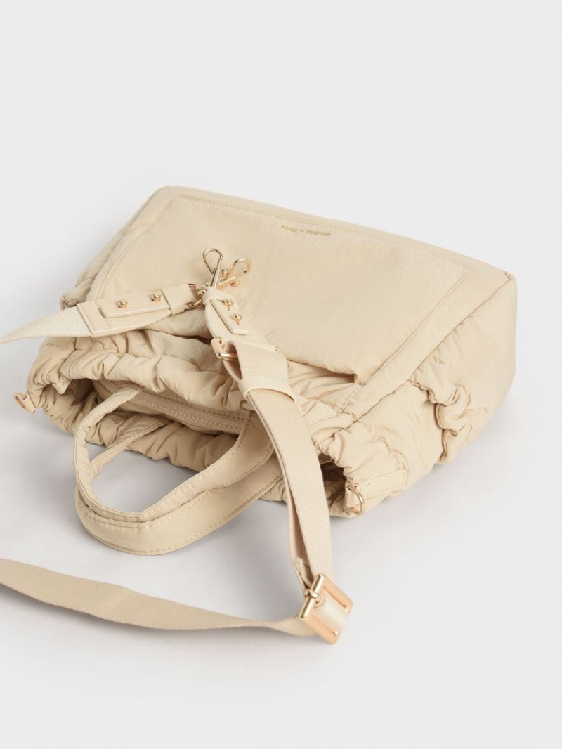 Geanta Tote Charles & Keith Aspen Ruched Double Handle Bej | 789MCILYW