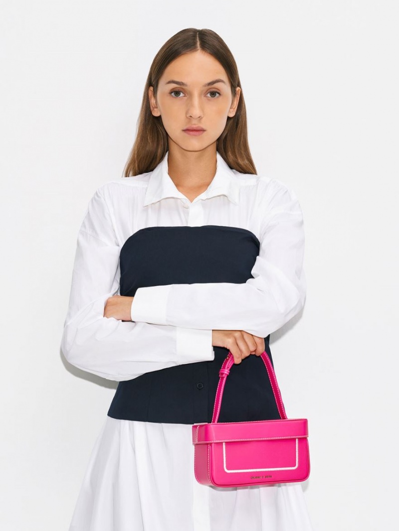 Geanta Tote Charles & Keith Astra Contrast Trim Boxy Fucsie | 137AXWVZH