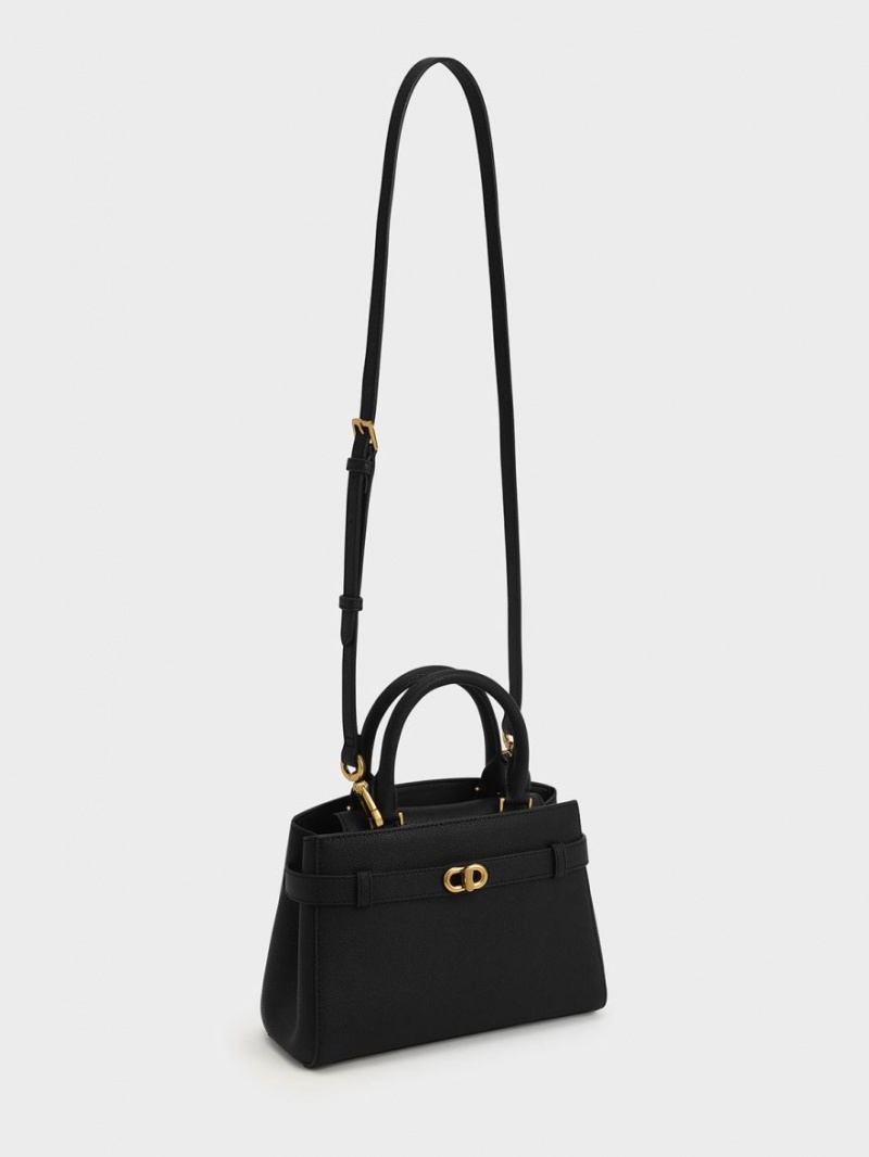 Geanta Tote Charles & Keith Aubrielle Metallic Accent Belted Negrii | 450VCQEPK