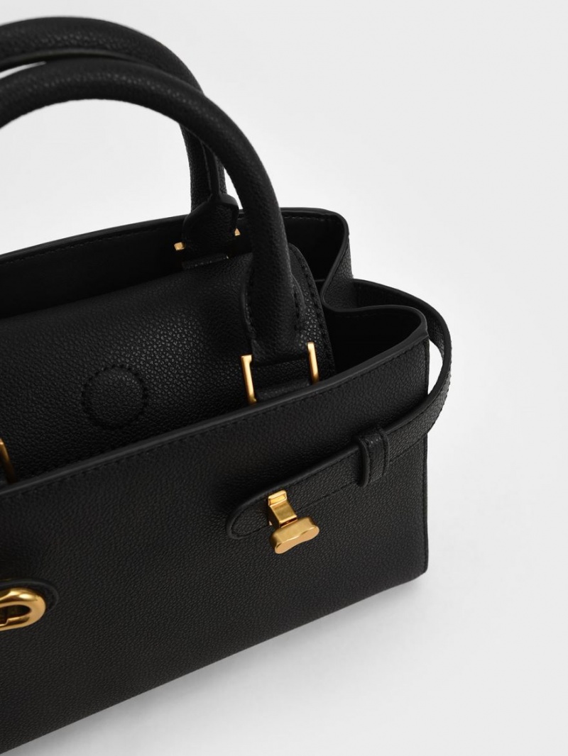 Geanta Tote Charles & Keith Aubrielle Metallic Accent Belted Negrii | 450VCQEPK