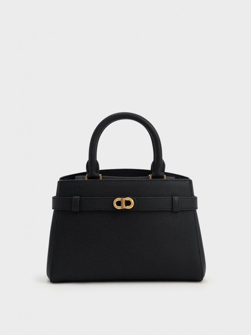 Geanta Tote Charles & Keith Aubrielle Metallic Accent Belted Negrii | 450VCQEPK