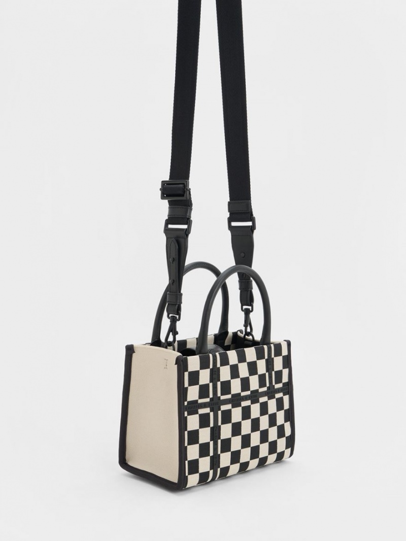 Geanta Tote Charles & Keith Avenue Checkered Negrii | 786SMLAPI