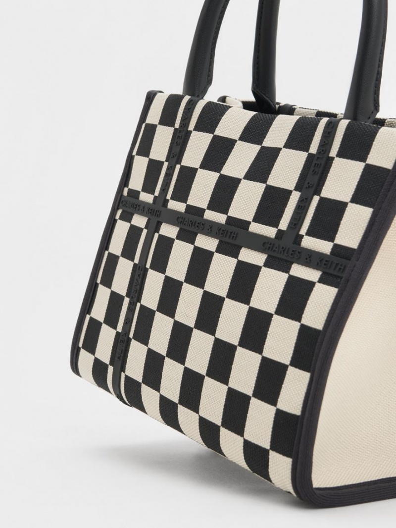 Geanta Tote Charles & Keith Avenue Checkered Negrii | 786SMLAPI