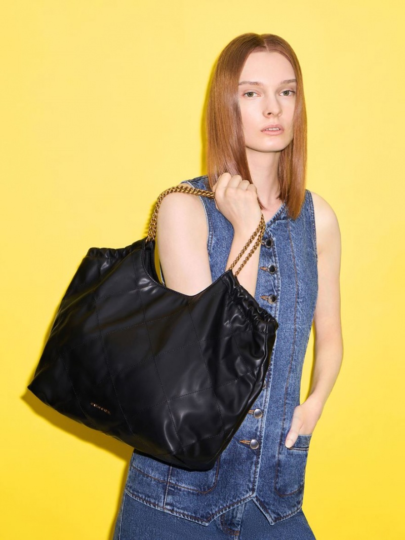 Geanta Tote Charles & Keith Braided Handle Negrii | 936ISKEGN