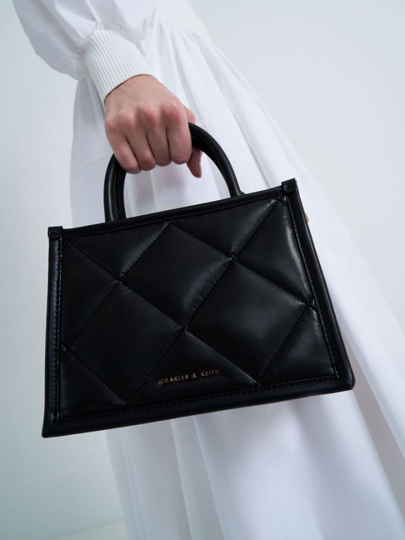 Geanta Tote Charles & Keith Celia Matlasat Negrii | 564IKFHMR