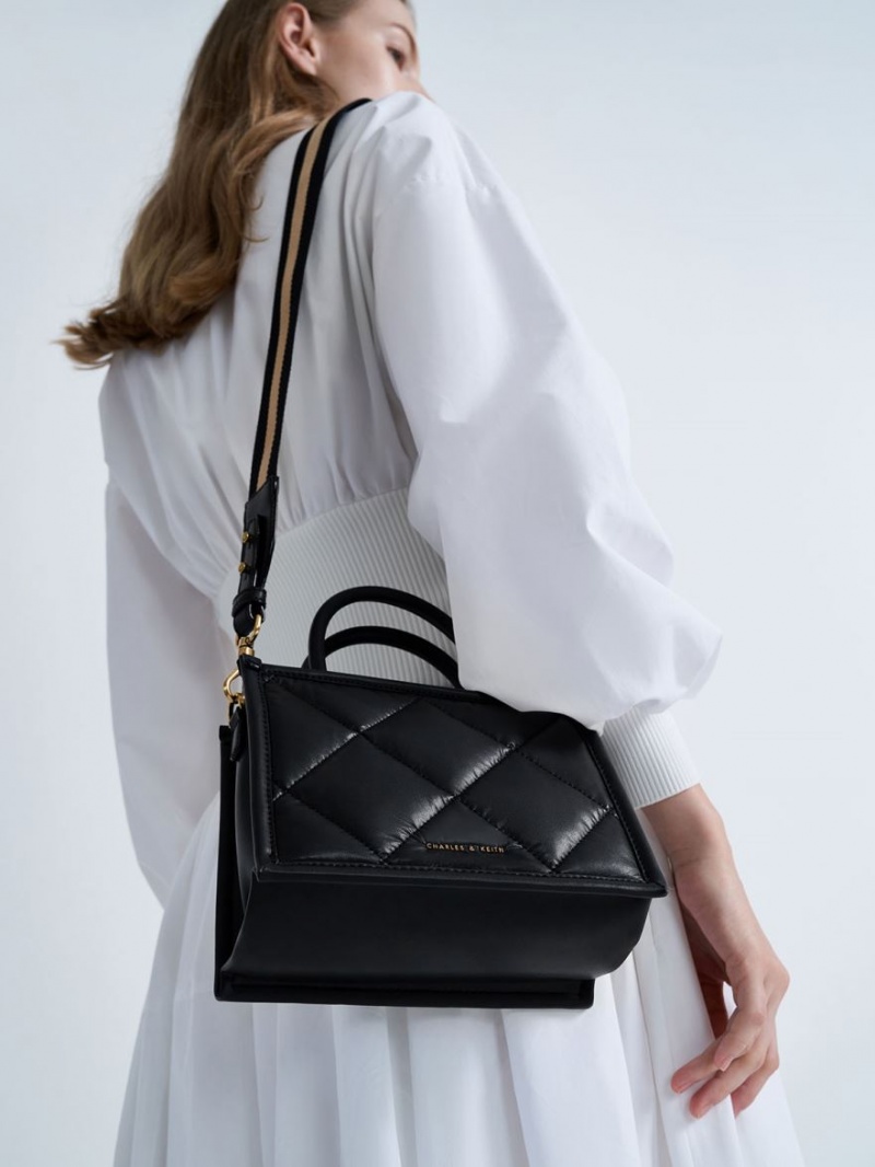 Geanta Tote Charles & Keith Celia Matlasat Negrii | 564IKFHMR