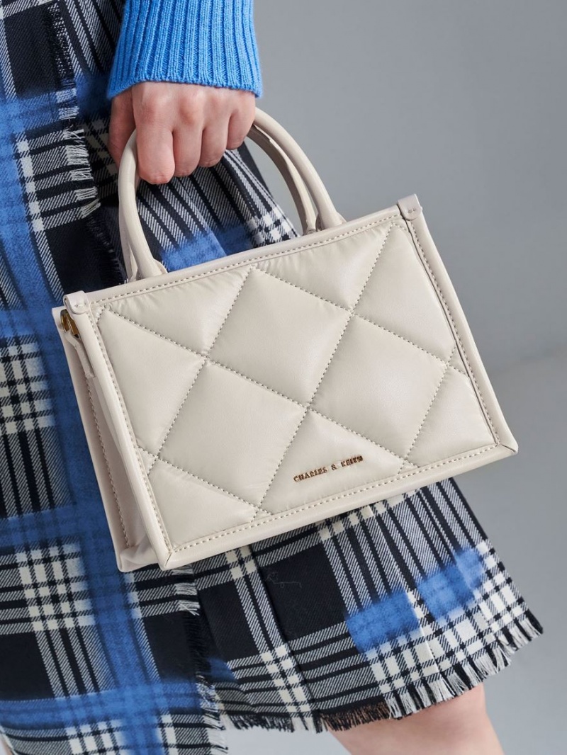 Geanta Tote Charles & Keith Celia Matlasat Albi | 207SPUQTY
