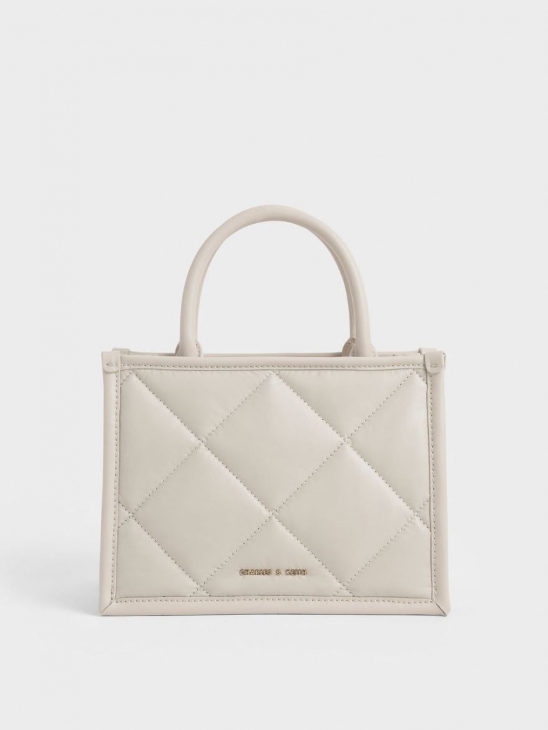 Geanta Tote Charles & Keith Celia Matlasat Albi | 207SPUQTY