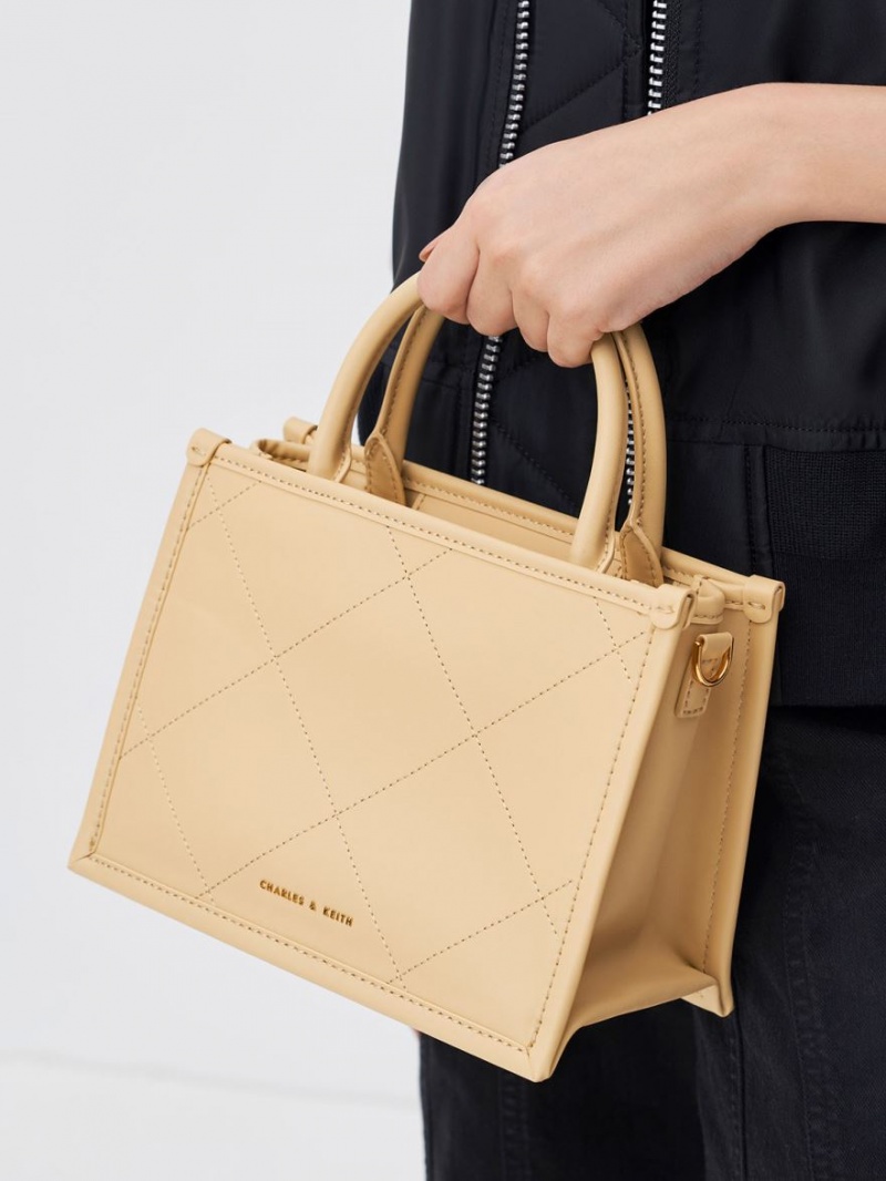Geanta Tote Charles & Keith Celia Matlasat Double Handle Bej | 097RFXJYL