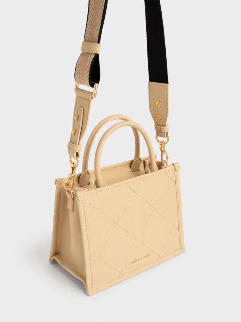 Geanta Tote Charles & Keith Celia Matlasat Double Handle Bej | 097RFXJYL