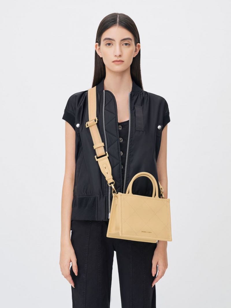 Geanta Tote Charles & Keith Celia Matlasat Double Handle Bej | 097RFXJYL