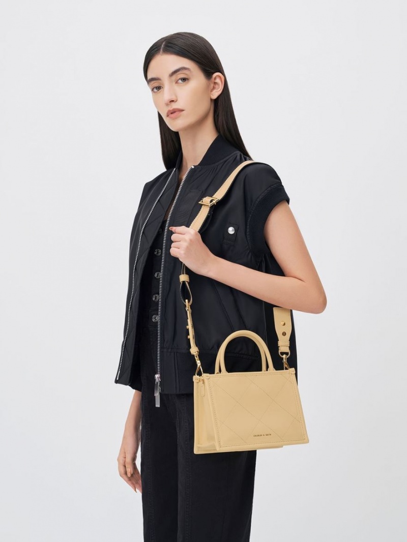 Geanta Tote Charles & Keith Celia Matlasat Double Handle Bej | 097RFXJYL