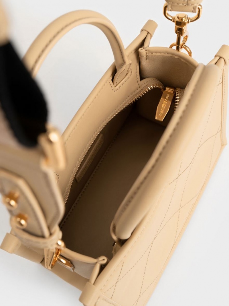 Geanta Tote Charles & Keith Celia Matlasat Double Handle Bej | 097RFXJYL