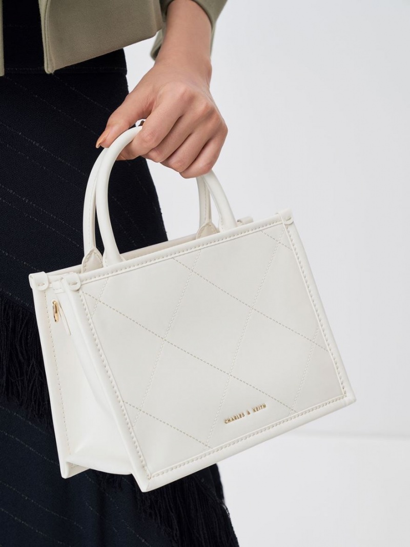 Geanta Tote Charles & Keith Celia Matlasat Double Handle Albi | 643CSONRK