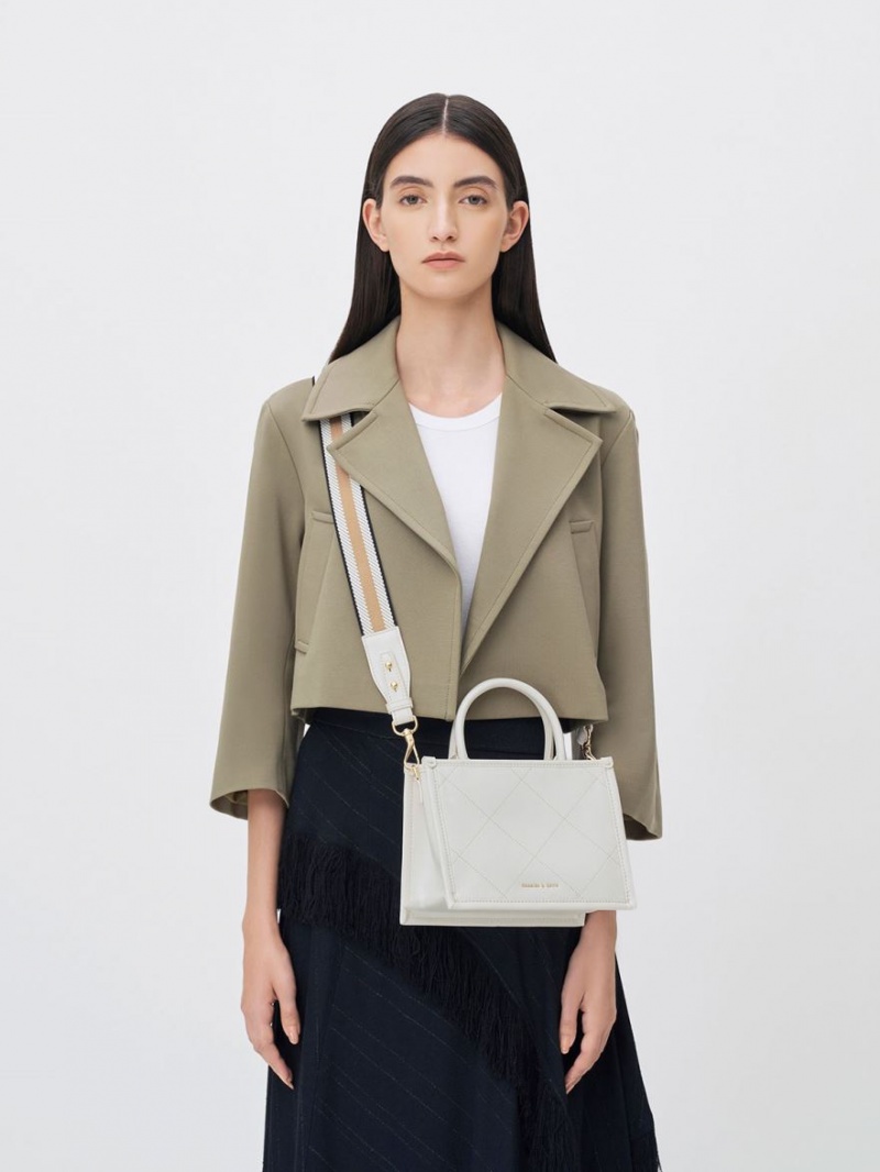 Geanta Tote Charles & Keith Celia Matlasat Double Handle Albi | 643CSONRK
