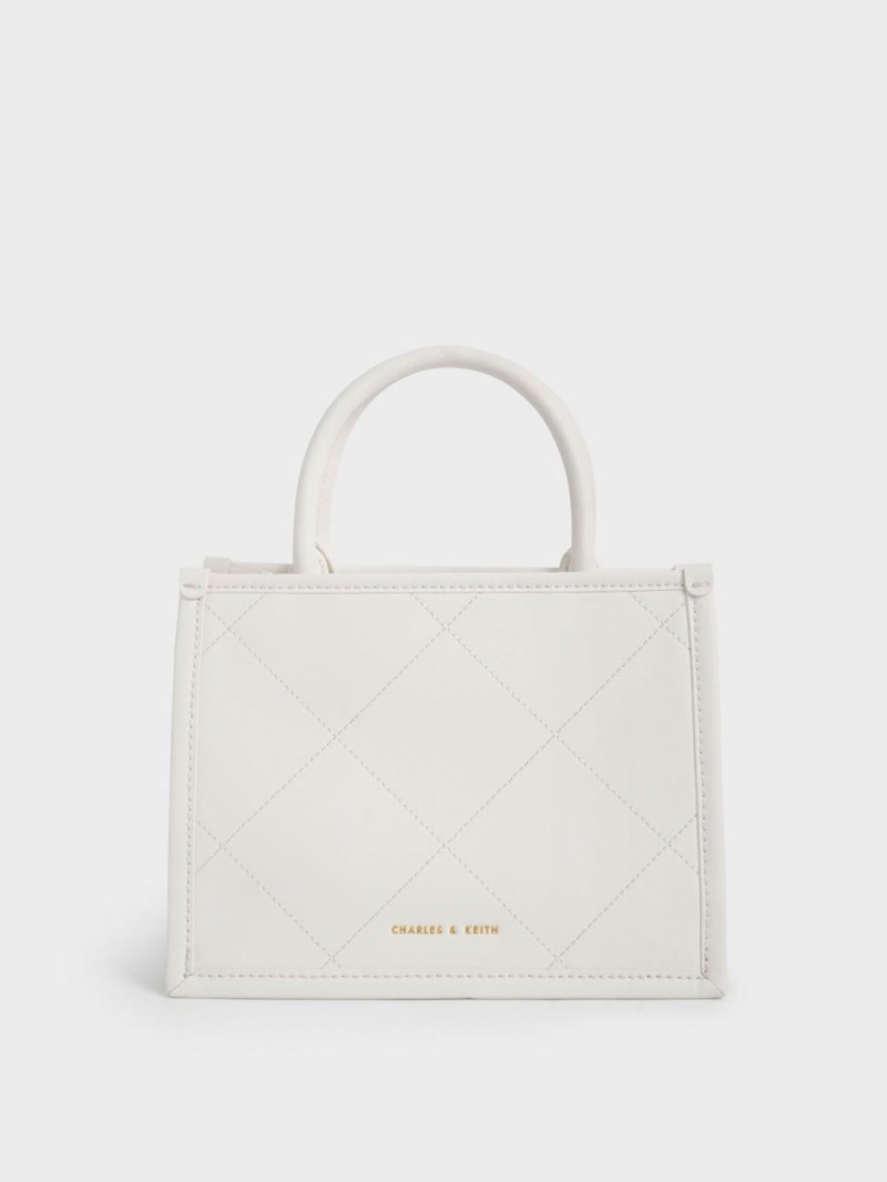 Geanta Tote Charles & Keith Celia Matlasat Double Handle Albi | 643CSONRK