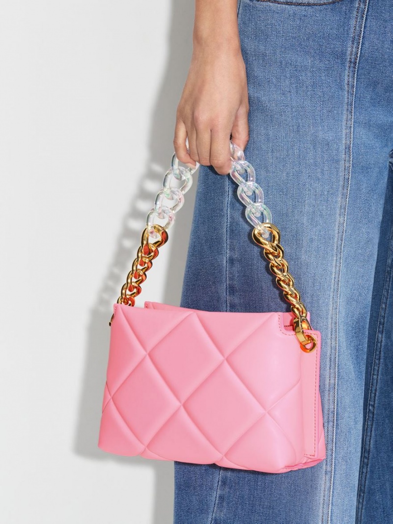 Geanta Tote Charles & Keith Danika Grosolan Chain Căptușită Roz | 849OGSYQM