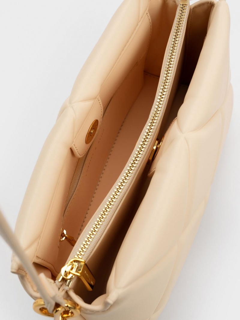 Geanta Tote Charles & Keith Danika Grosolan Chain Căptușită Bej | 083INFJUS