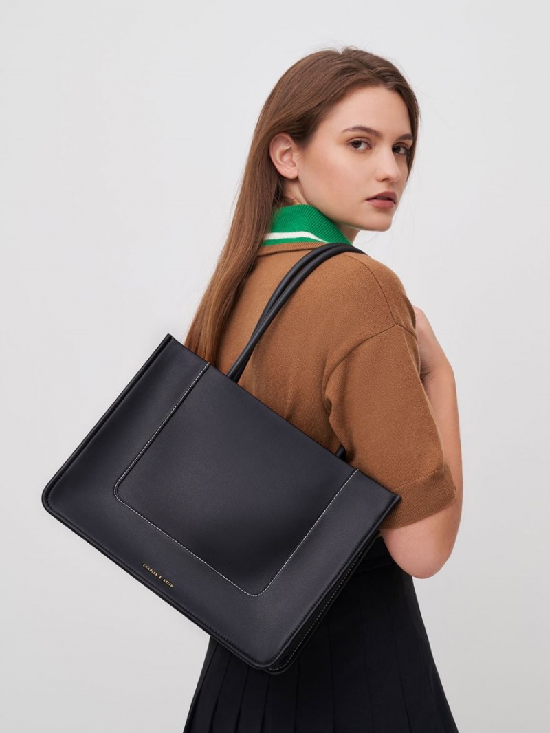 Geanta Tote Charles & Keith Daylla Large Negrii | 761ZJYINF
