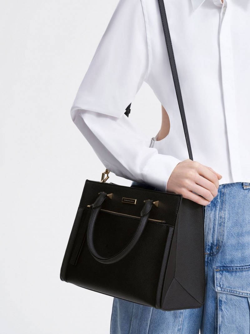 Geanta Tote Charles & Keith Double Handle Front Zip Negrii | 015BXVODK