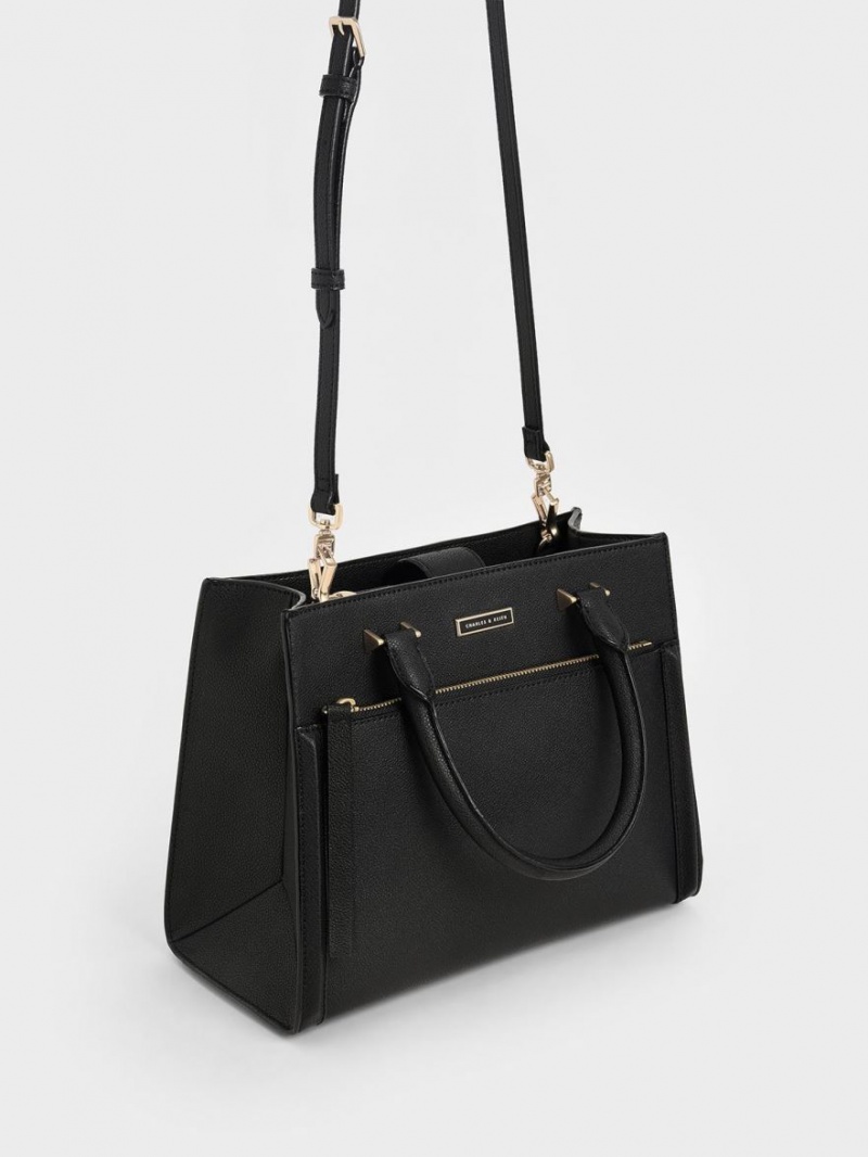 Geanta Tote Charles & Keith Double Handle Front Zip Negrii | 015BXVODK