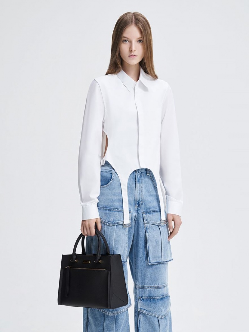 Geanta Tote Charles & Keith Double Handle Front Zip Negrii | 015BXVODK