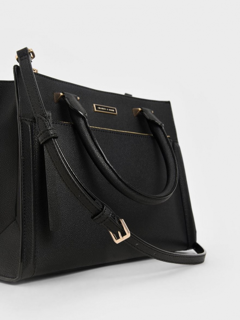 Geanta Tote Charles & Keith Double Handle Front Zip Negrii | 015BXVODK