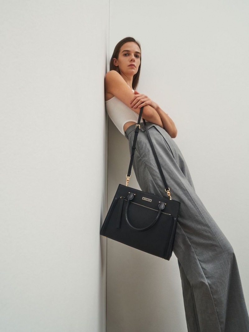 Geanta Tote Charles & Keith Double Handle Front Zip Negrii | 015BXVODK