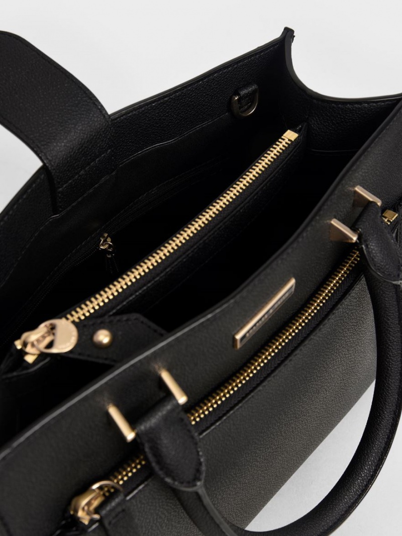 Geanta Tote Charles & Keith Double Handle Front Zip Negrii | 015BXVODK