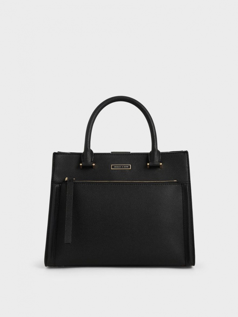 Geanta Tote Charles & Keith Double Handle Front Zip Negrii | 015BXVODK