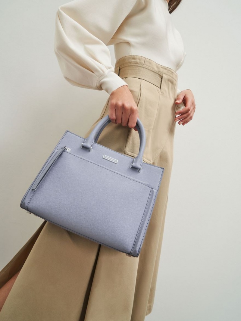 Geanta Tote Charles & Keith Double Handle Front Zip Albastri Deschis | 613PNGQZA
