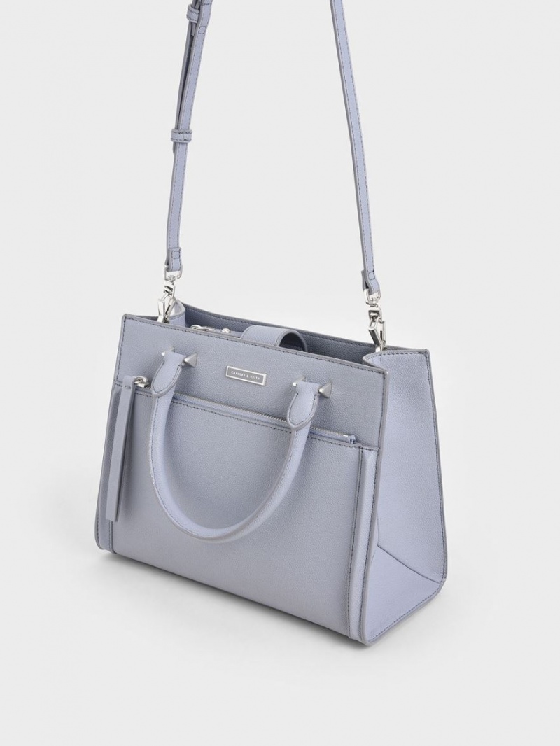 Geanta Tote Charles & Keith Double Handle Front Zip Albastri Deschis | 613PNGQZA