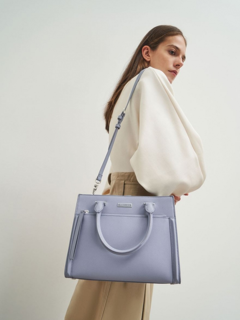 Geanta Tote Charles & Keith Double Handle Front Zip Albastri Deschis | 613PNGQZA