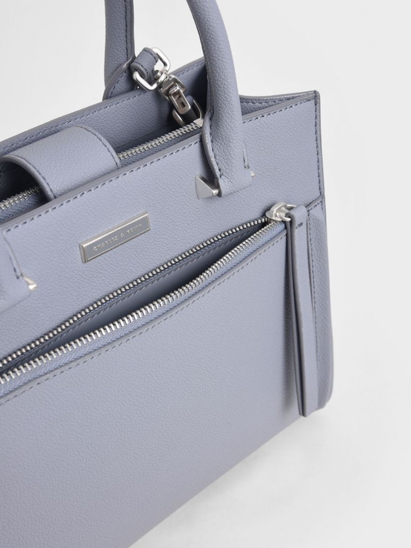Geanta Tote Charles & Keith Double Handle Front Zip Albastri Deschis | 613PNGQZA