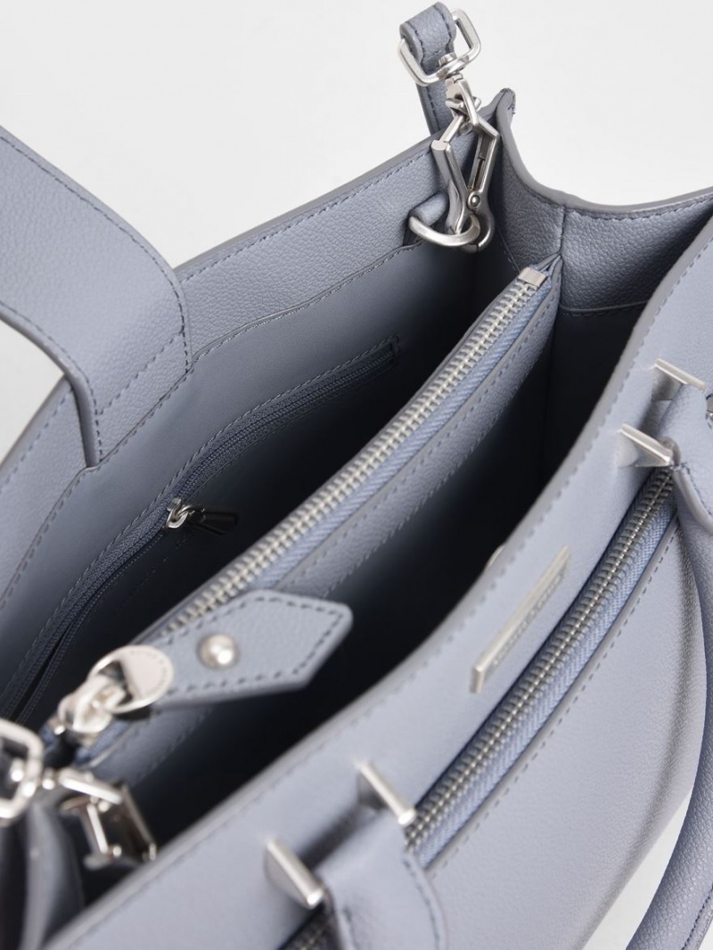 Geanta Tote Charles & Keith Double Handle Front Zip Albastri Deschis | 613PNGQZA