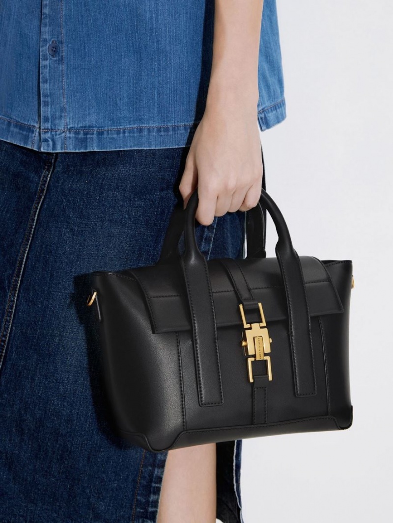 Geanta Tote Charles & Keith Dua Buckled Trapeze Negrii | 078TLQYSW
